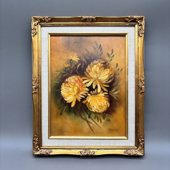 Vintage Floral Oil Painting Chrysanthemums Still Life Framed Canvas 9x12 Signed - Picture 1 of 10